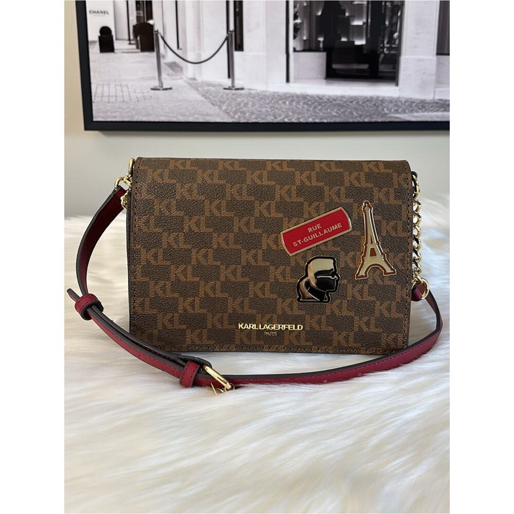 Karl Lagerfeld Brown Monogram Crossbody with Red Strap and Gold Hardware - Picture 2 of 12